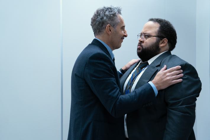 John Turturro and Zach Cherry in "Severance," now streaming on Apple TV+.