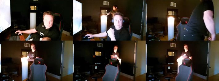 Several shots from a stream where a man lights the giant candle in the back of Elon's stream, and he gets up to adjust it.