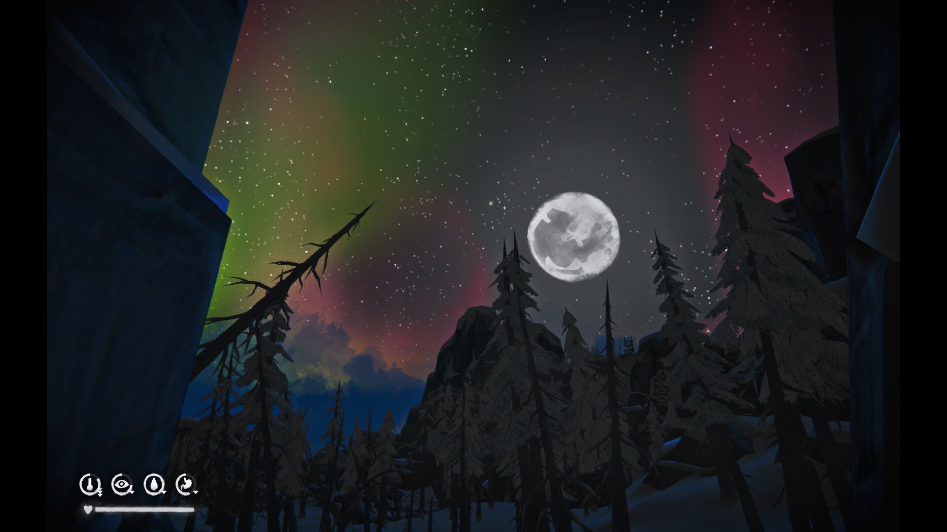 The moon and an aurora in The Long Dark