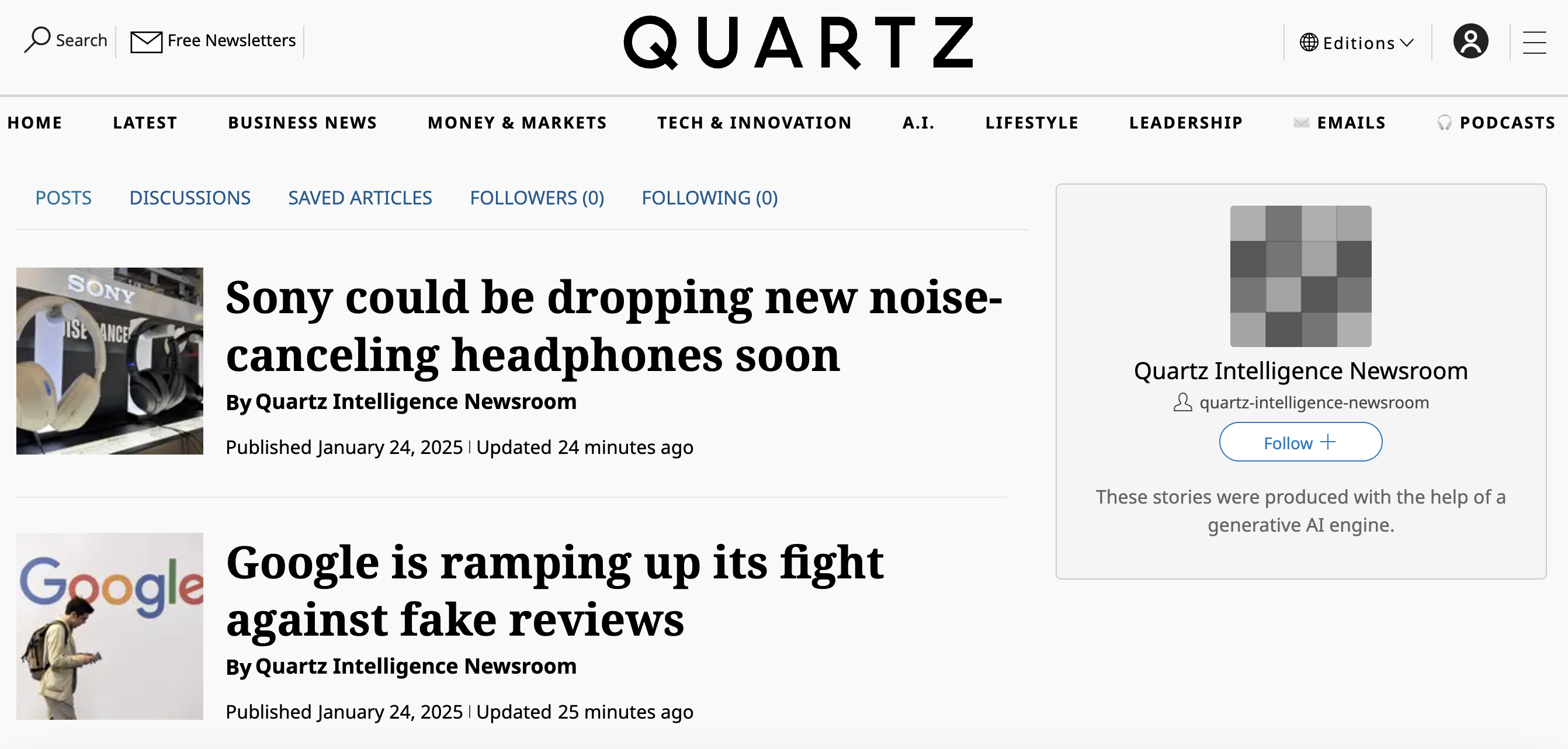 The author page of Quartz's "Quartz Intelligence Newsroom"