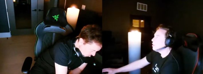 Elon musk in two distinct gaming chairs, one where it a Razer chair, another where it's a different one. A candle appears in the background of both. Credit: Cy