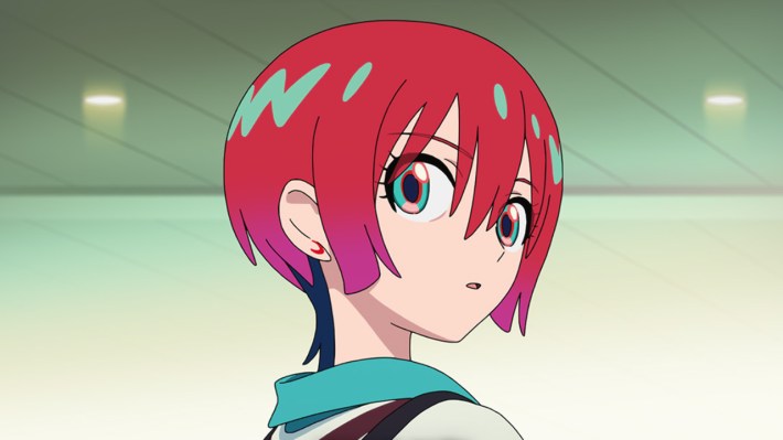 A girl with short red hair turns toward the viewer.