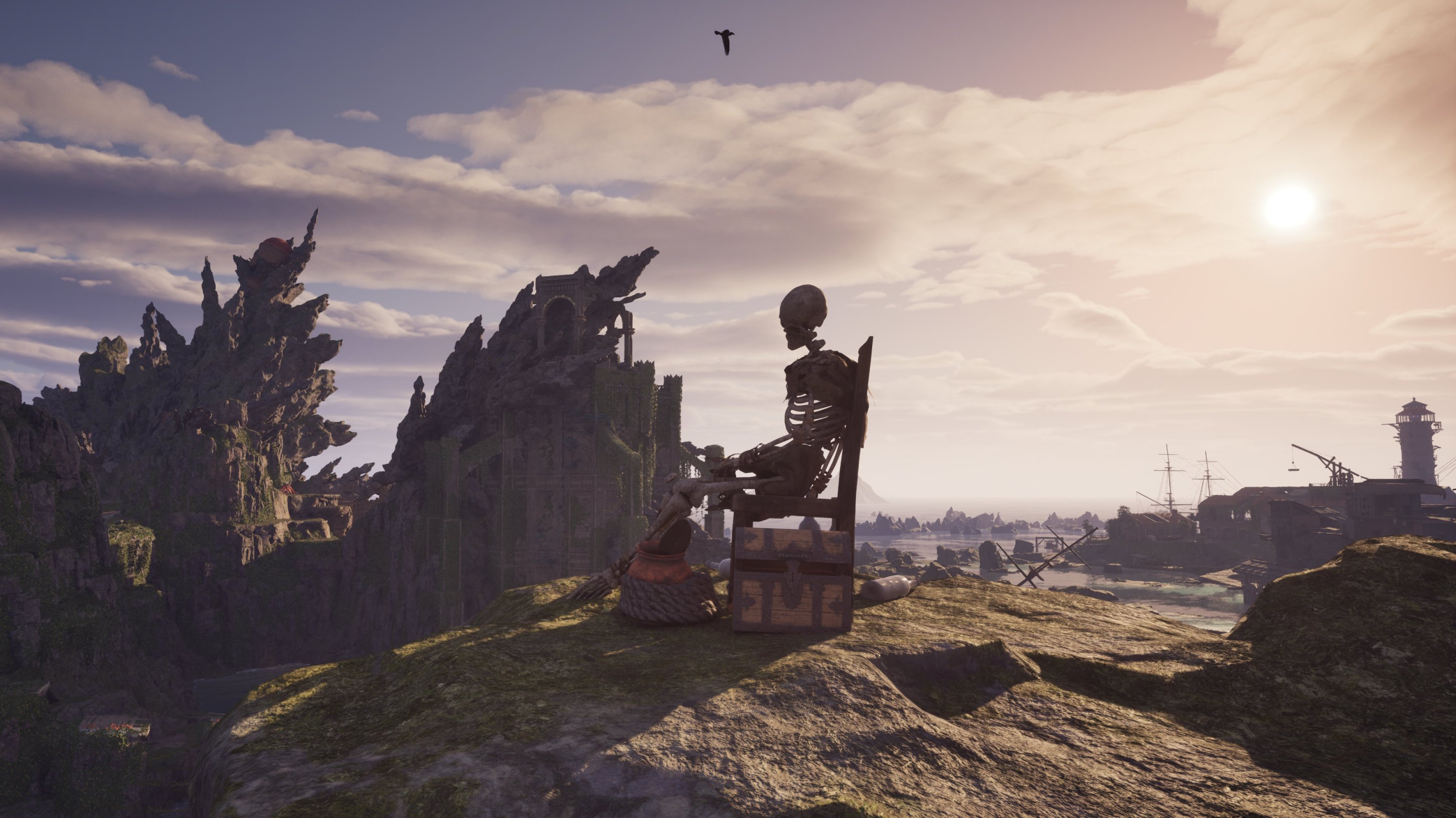 A skeleton sitting in a chair on a gorgeous cliffside.