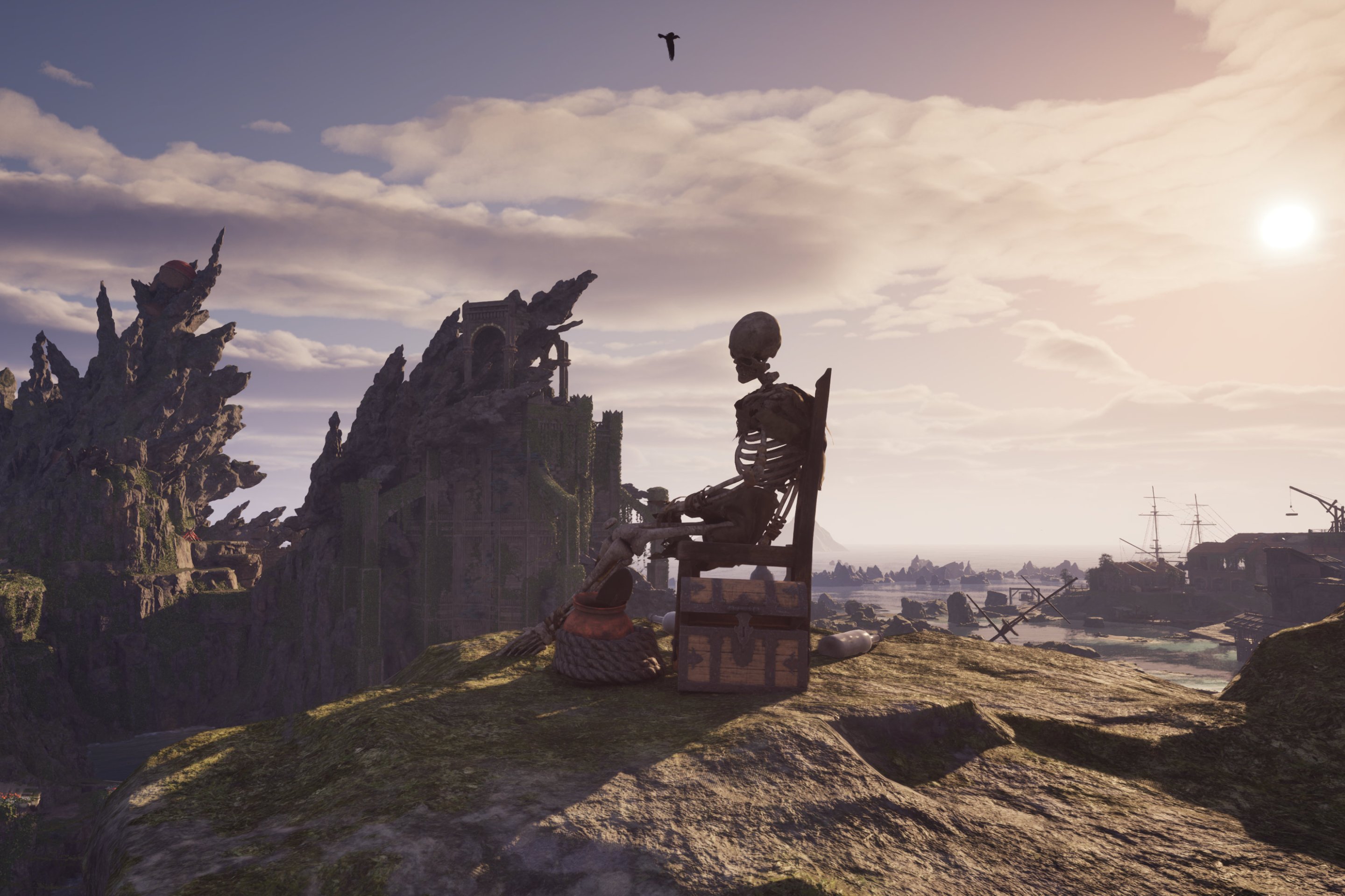 A skeleton sitting in a chair on a gorgeous cliffside.