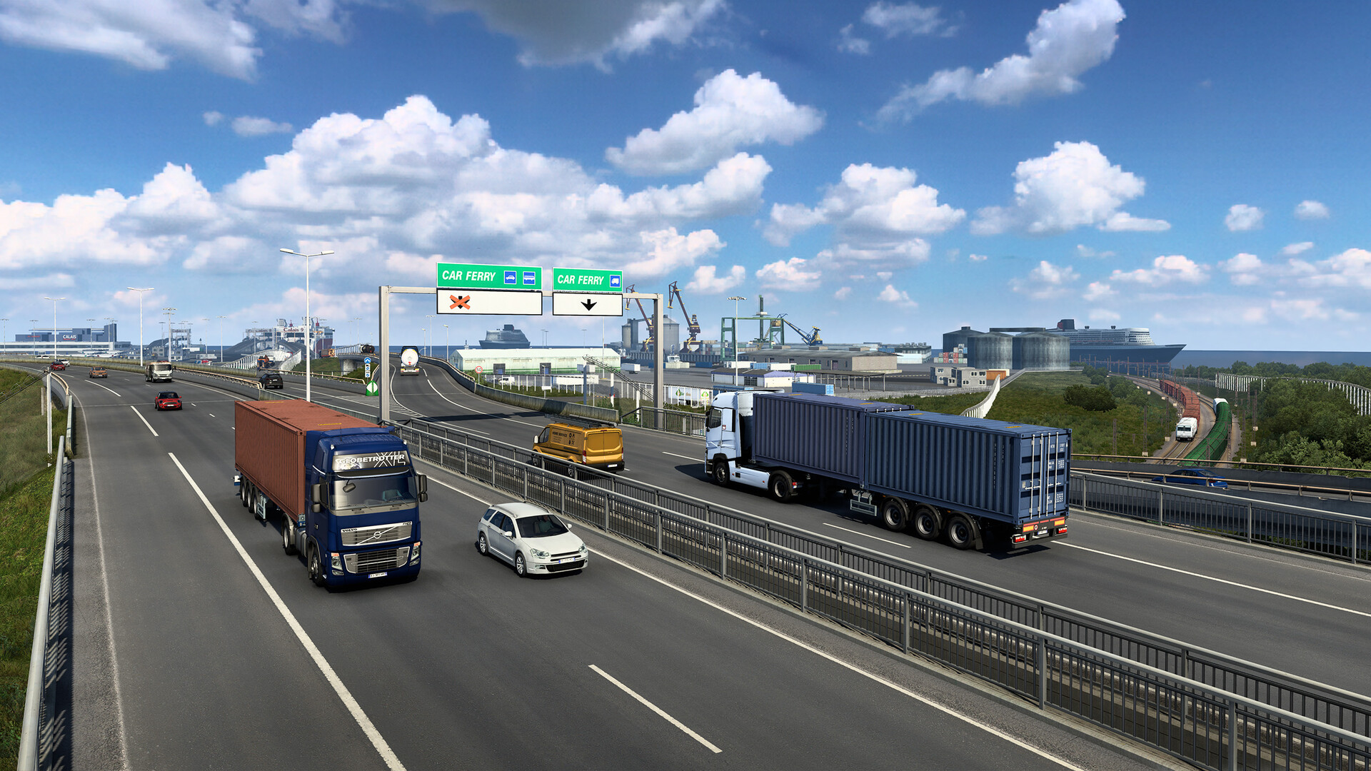 Trucks driving on a highway in "Euro Truck Simulator 2"