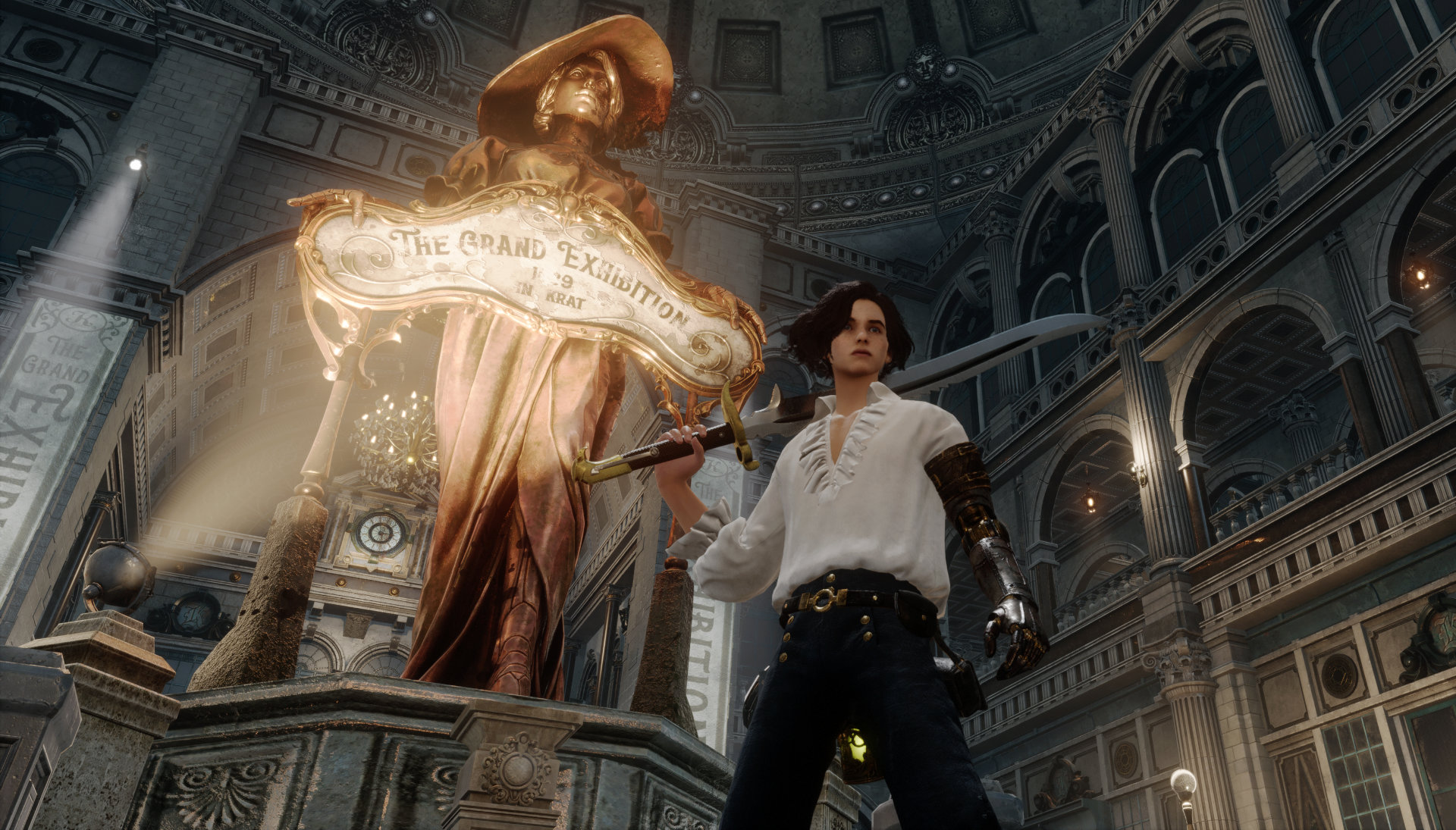 A screenshot of Lies of P where P is standing in front of a statue at the entrance of Krat.
