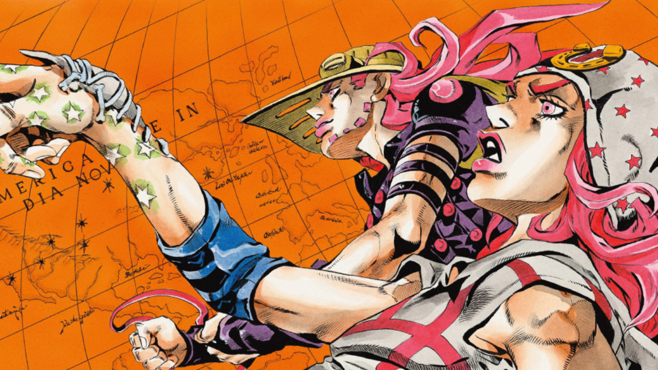 JoJo's Bizarre Adventure's Gyro and Johnny posing in front of a globe of the US in a promotional image for JoJo Caravan art exhibit.