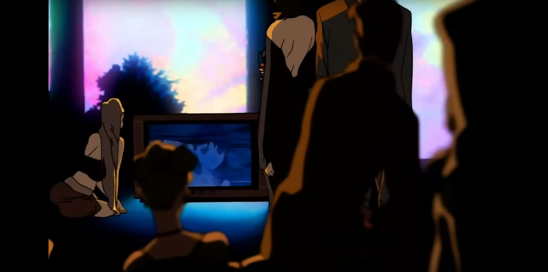 a screenshot of the opening of serial experiments lain depicting party goers watching lain as she appears on their TV