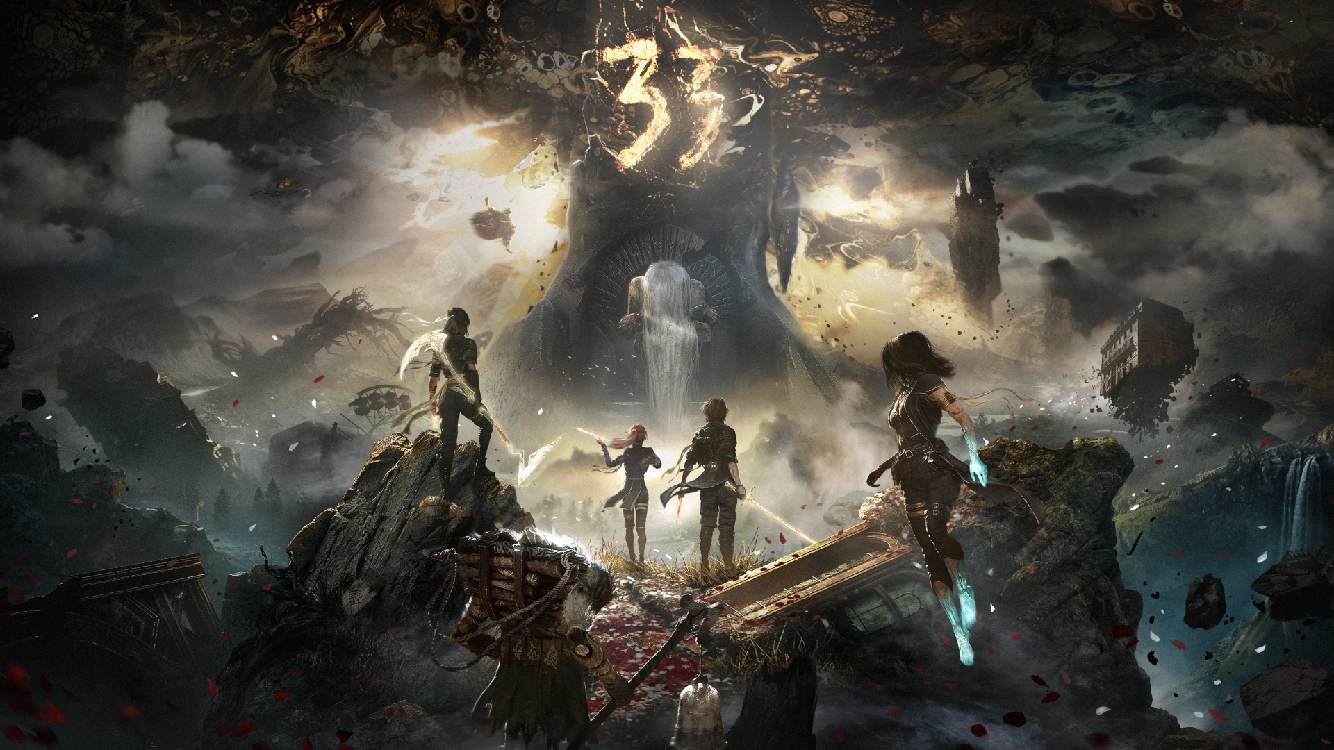 Box art for Clair Obscur: Expedition 33 of its hero party walking toward the Paintress.