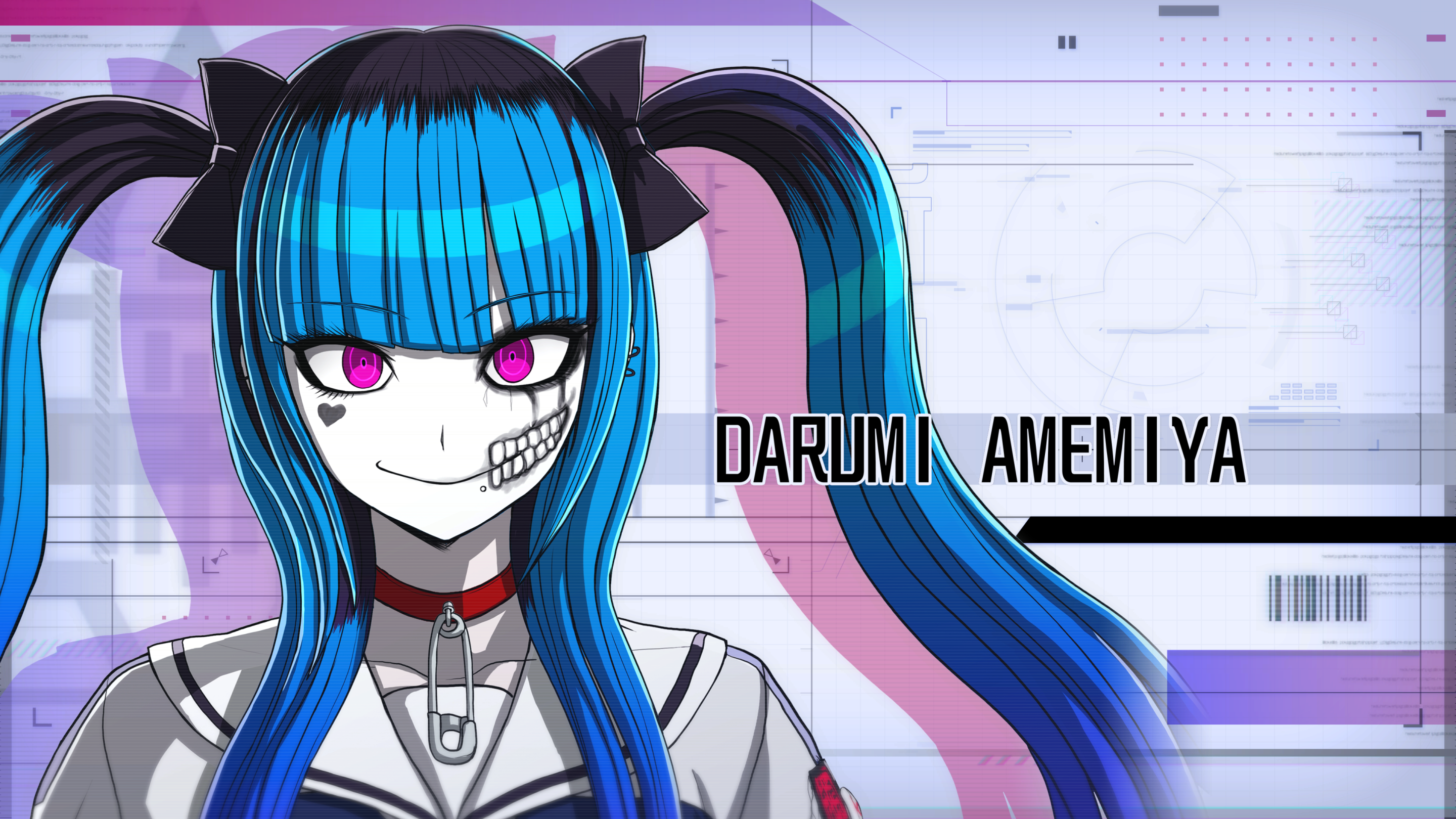 An anime character with blue hair and the text "Darumi Amemiya" next to her. She has makeup on in the form of fake teeth and blue to black hair. She is wearing a clothespin locket around her neck.