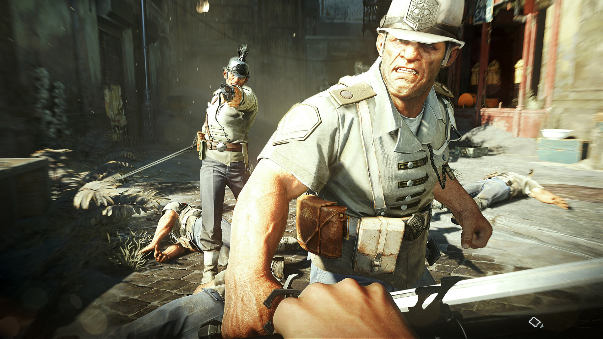 A soldier attacking with a sword in the video game Dishonored 2