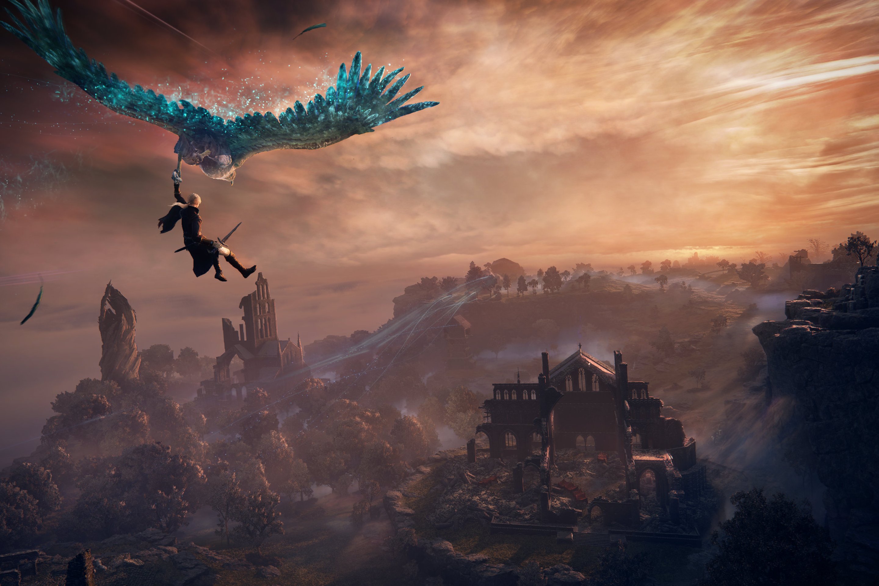 A character holds the tail of a mystical hawk in Elden Ring Neightreign, while they overlook a condensed version of The Lands Below.