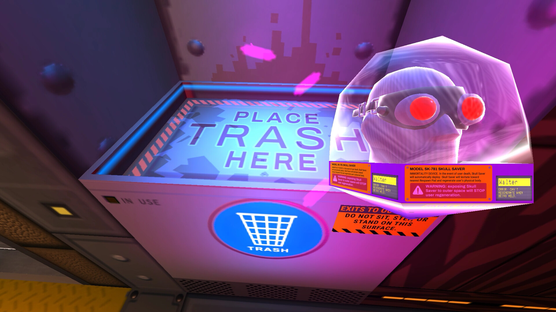 A character's head held above a trash can in the game Skin Deep