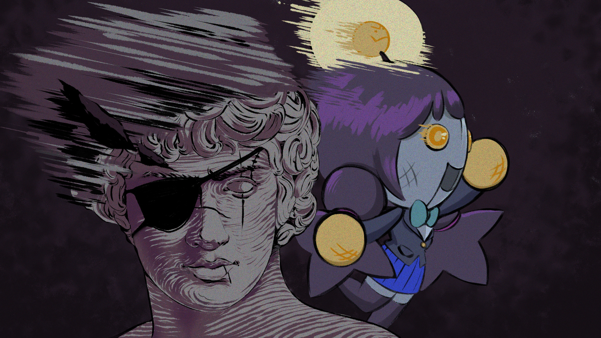 SiIvagunner, a figure that looks like a statue wearing an eyepatch akin to Venom Snake's in MGSV, with The Joke Explainer Bot 7000, a small robotic child, to the right.