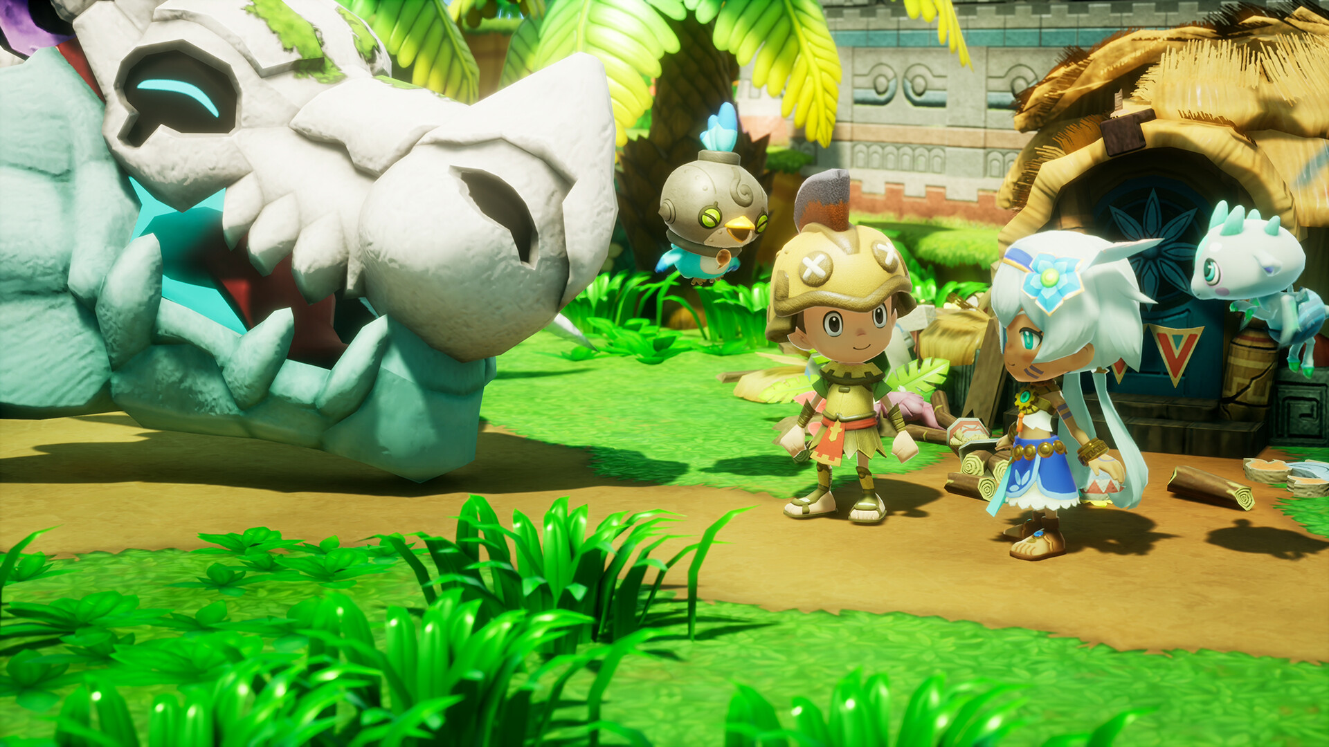 Two cute little characters posted next to a dragon made of bones