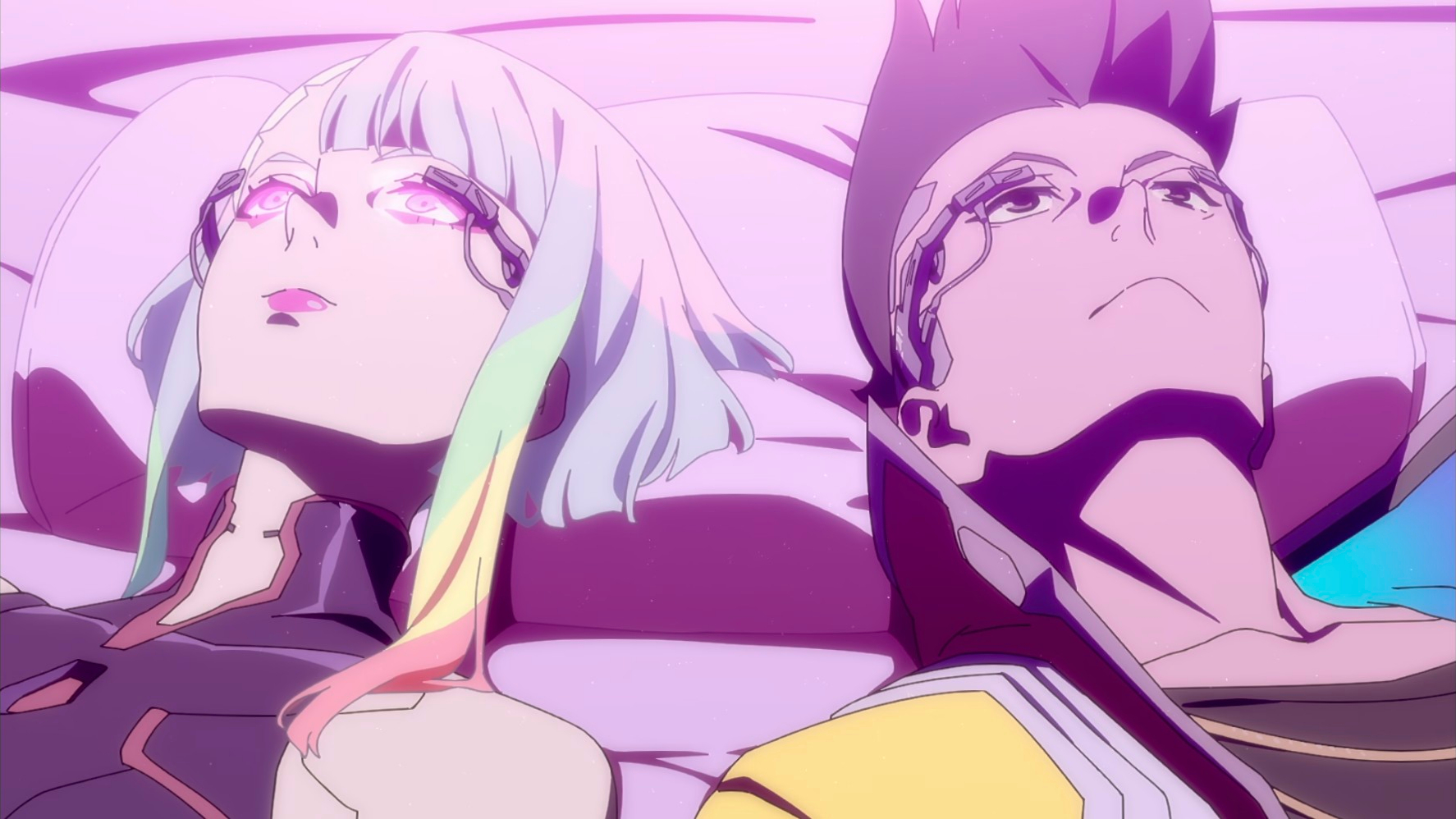 Cyberpunk: Edgerunners' David Martinez and Lucyna Kushinada laying in bed.
