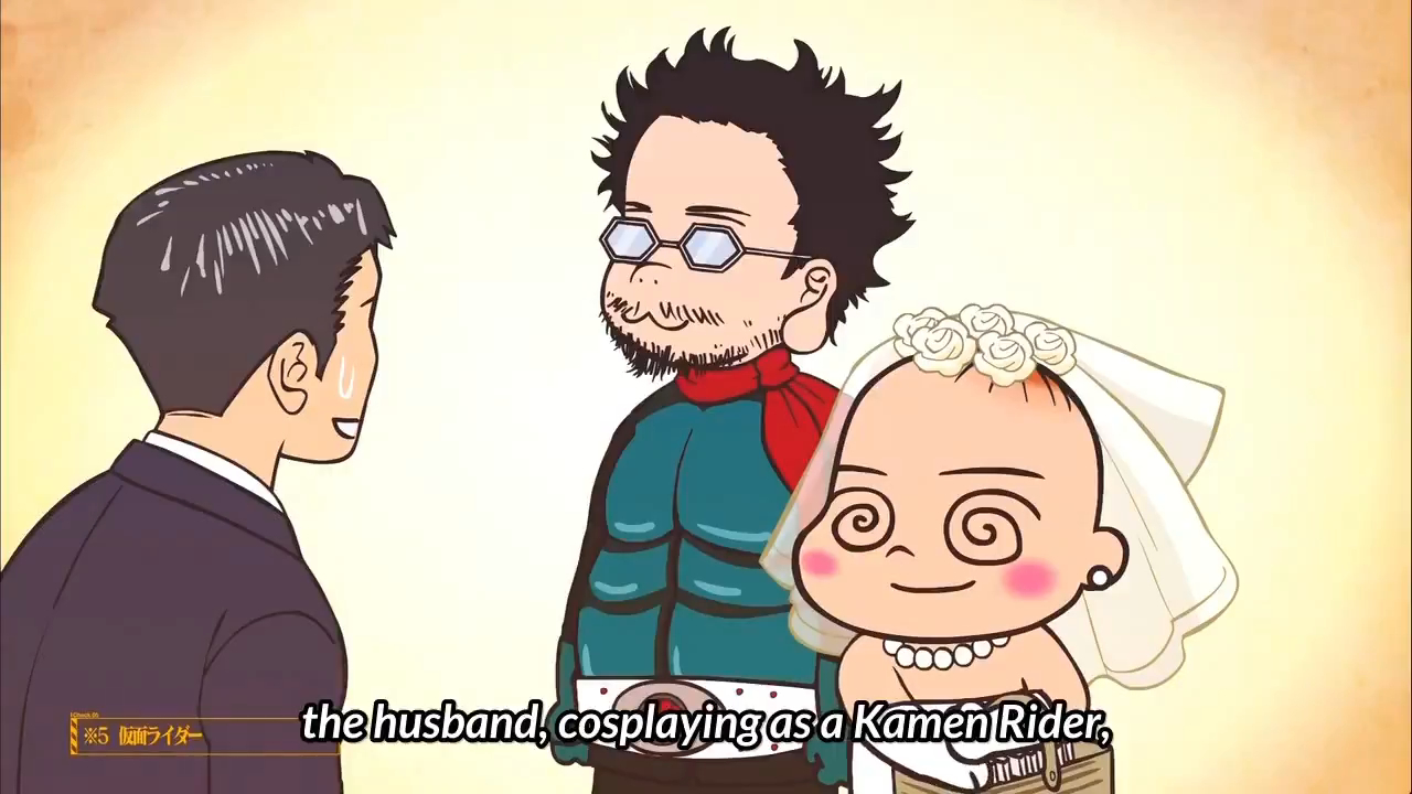 Insufficient Direction still of Hideaki wearing Kamen Rider cosplay at his and Moyoco's wedding