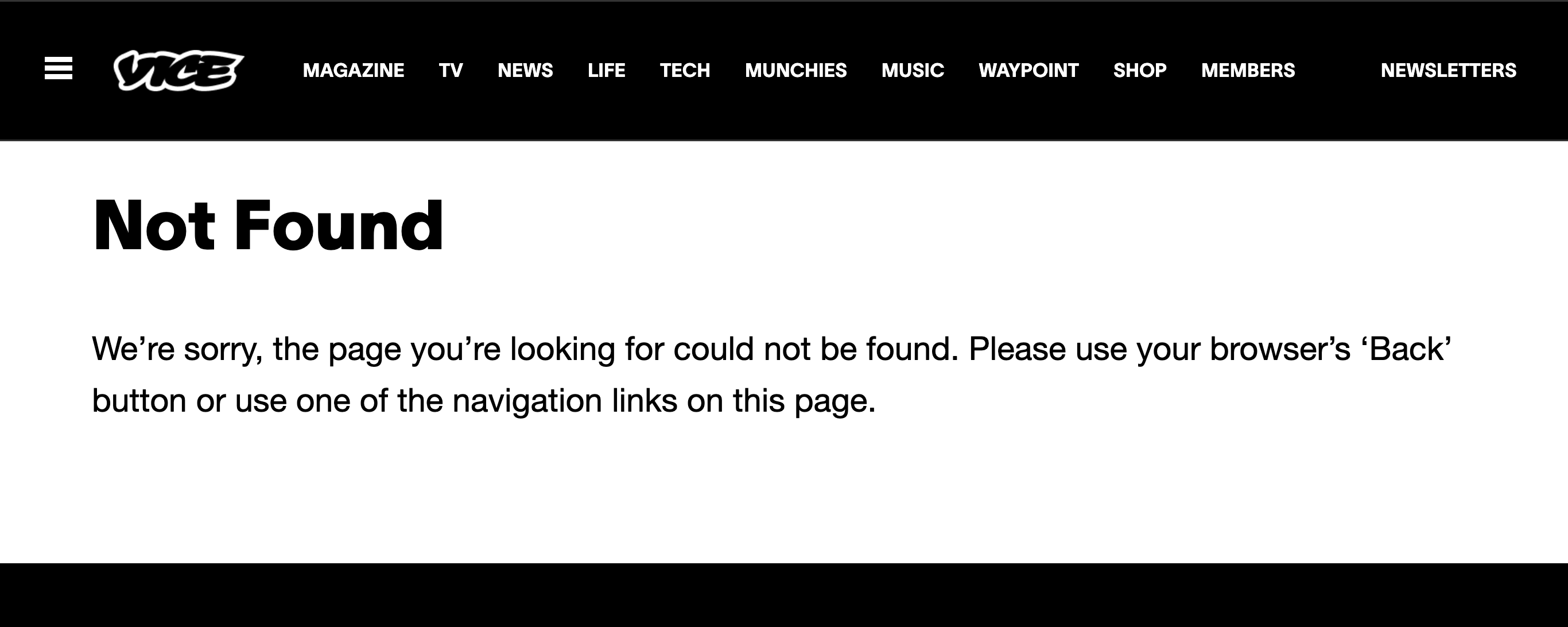 A webpage reading "Not Found. We’re sorry, the page you’re looking for could not be found. Please use your browser’s ‘Back’ button or use one of the navigation links on this page."