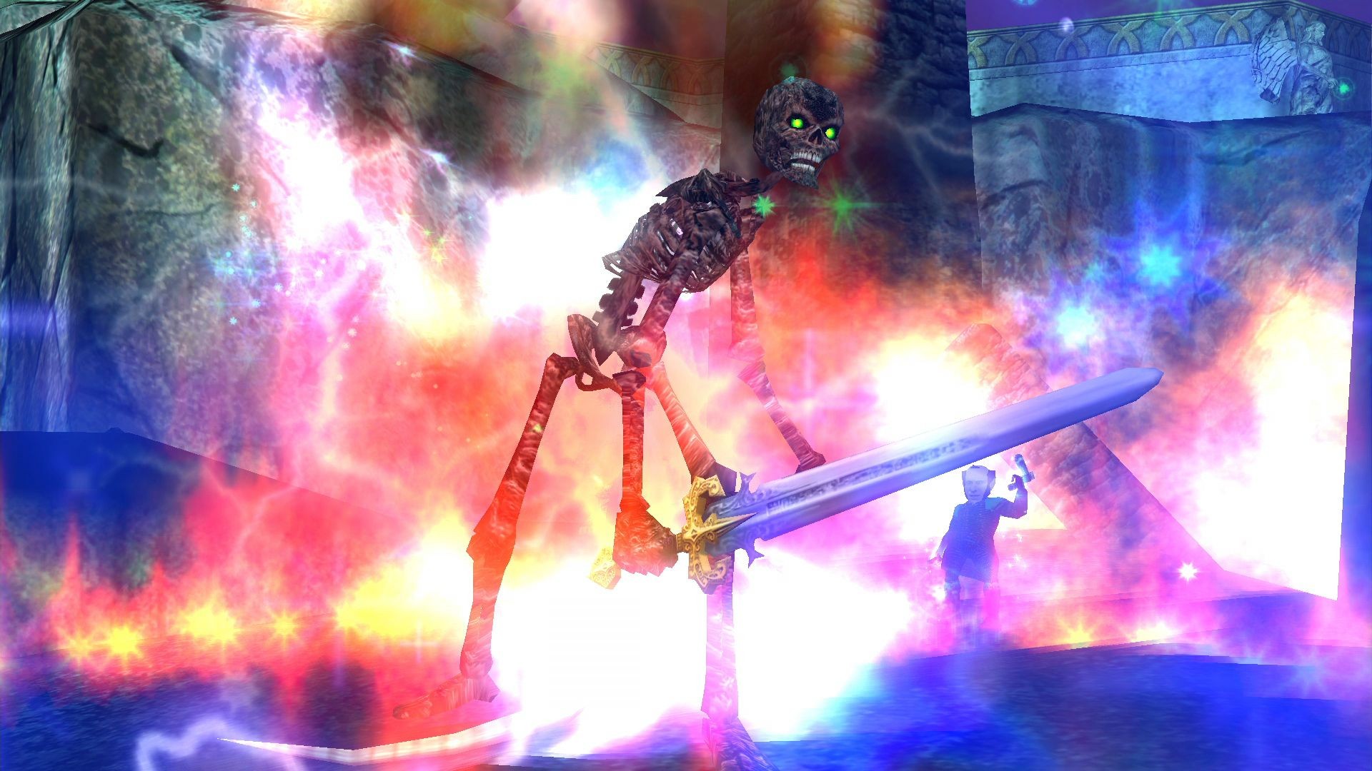 A skeleton in EverQuest surrounded by colorful fire