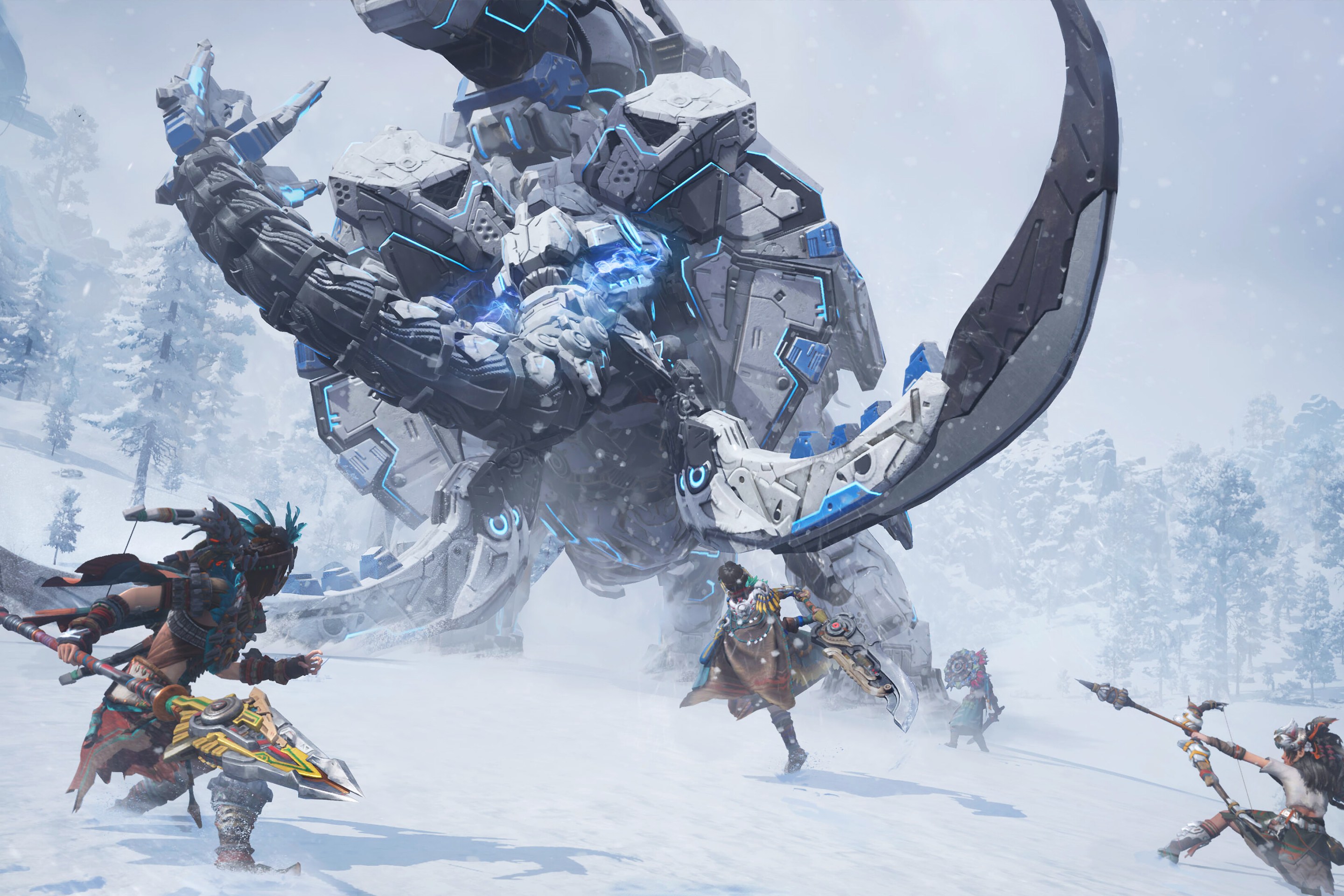 Three people fighting a big mech animal