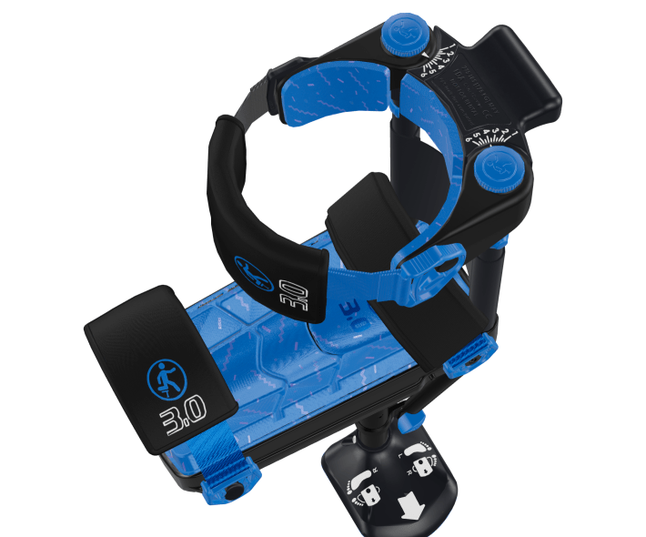 A 3D rendering of the iWalkFree from the top at an angle, showing the strap and thigh adjustment system.
