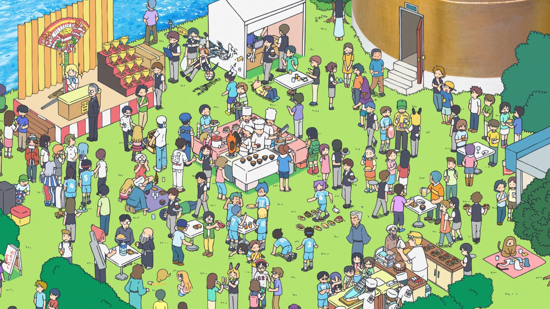 An image from episode 7 of City The Animation, a wide Where's Waldo shot showing a crowd of many people at some kind of gathering or festival.