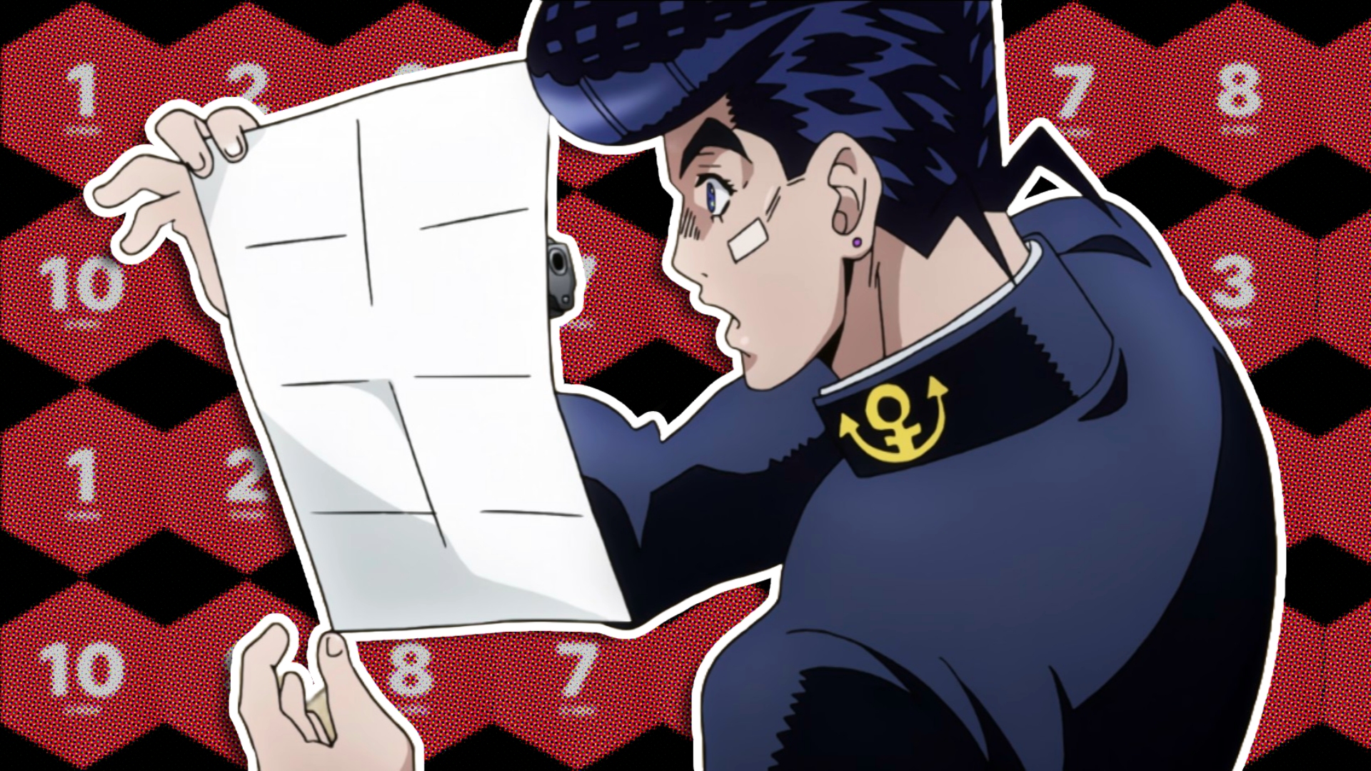 JoJo's Bizarre Adventure's Josuke Higashikata staring at a gun peaking behind a piece of paper with a bunch of IGN scores in the background.