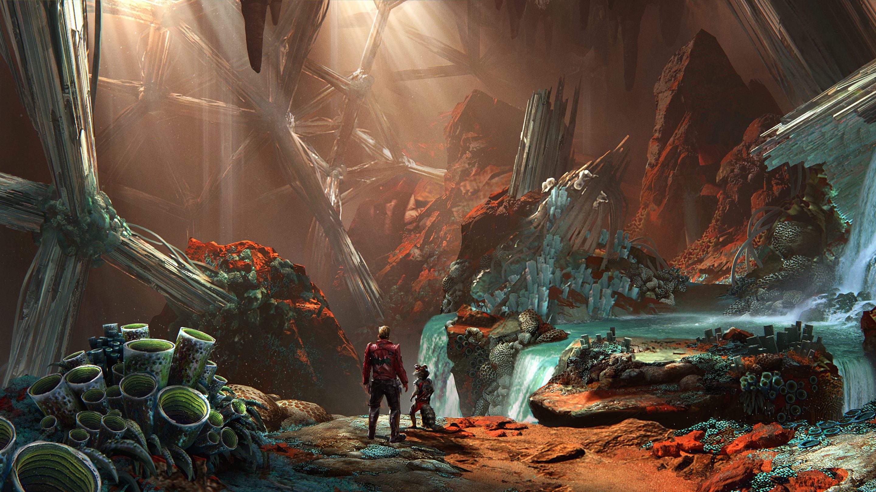 concept art for guardians of the galaxy featuring peter quill and rocket raccoon looking out an alien landscape