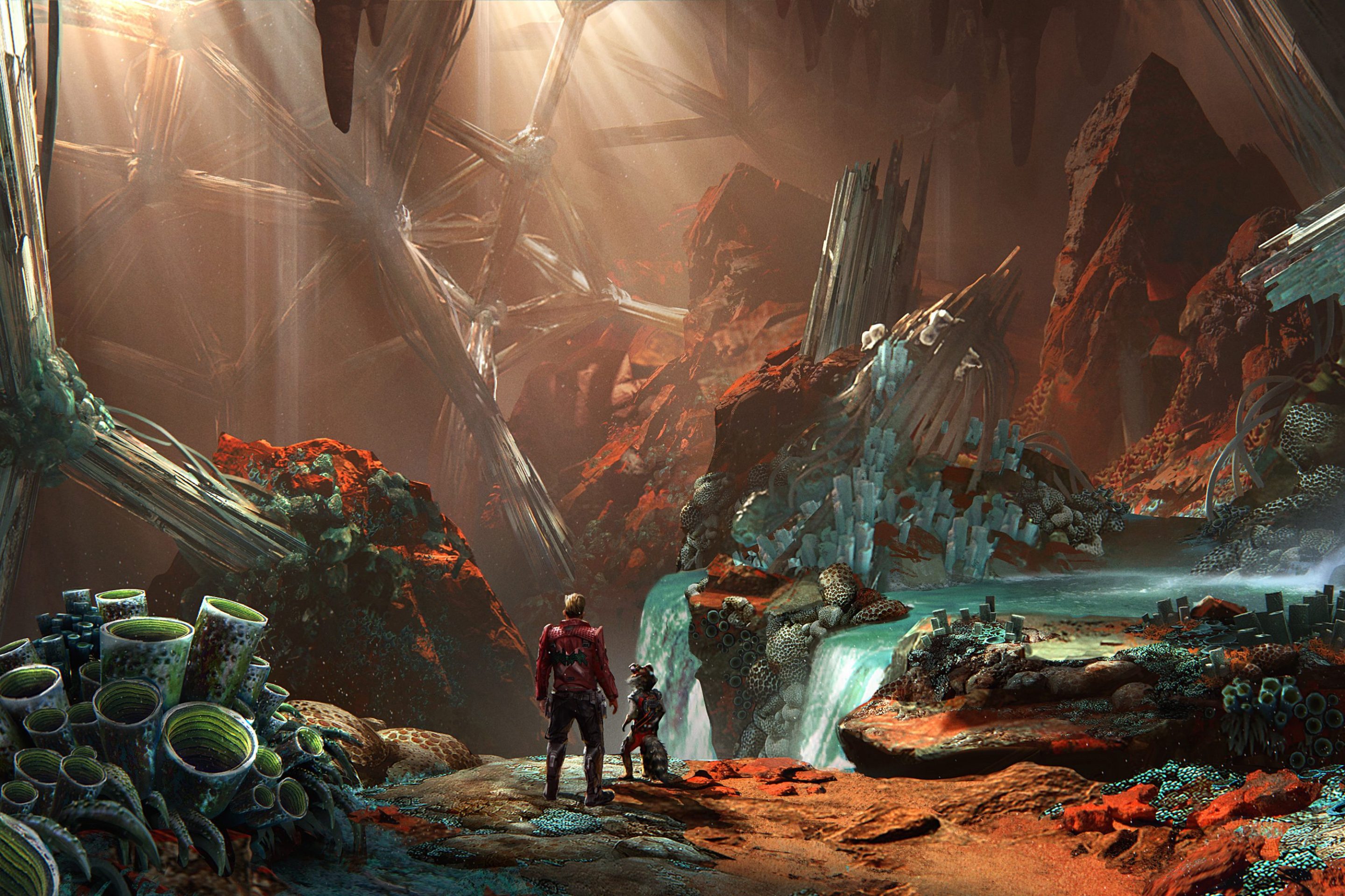 concept art for guardians of the galaxy featuring peter quill and rocket raccoon looking out an alien landscape