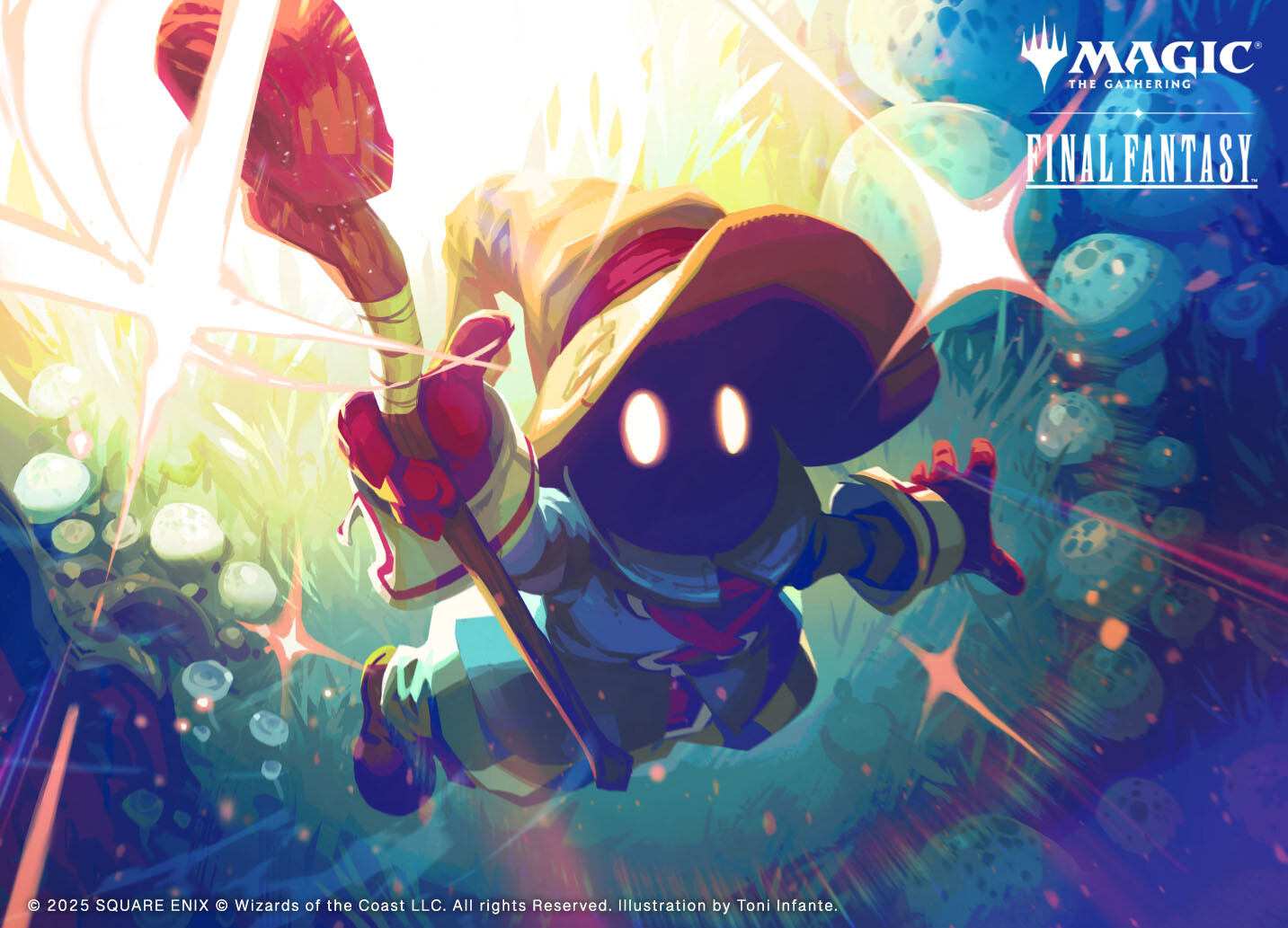 The art for Vivi, part of the Final Fantasy Set from Magic the Gathering. Vivi appears to raise his staff up to the heavens. Credit Toni Infanti.