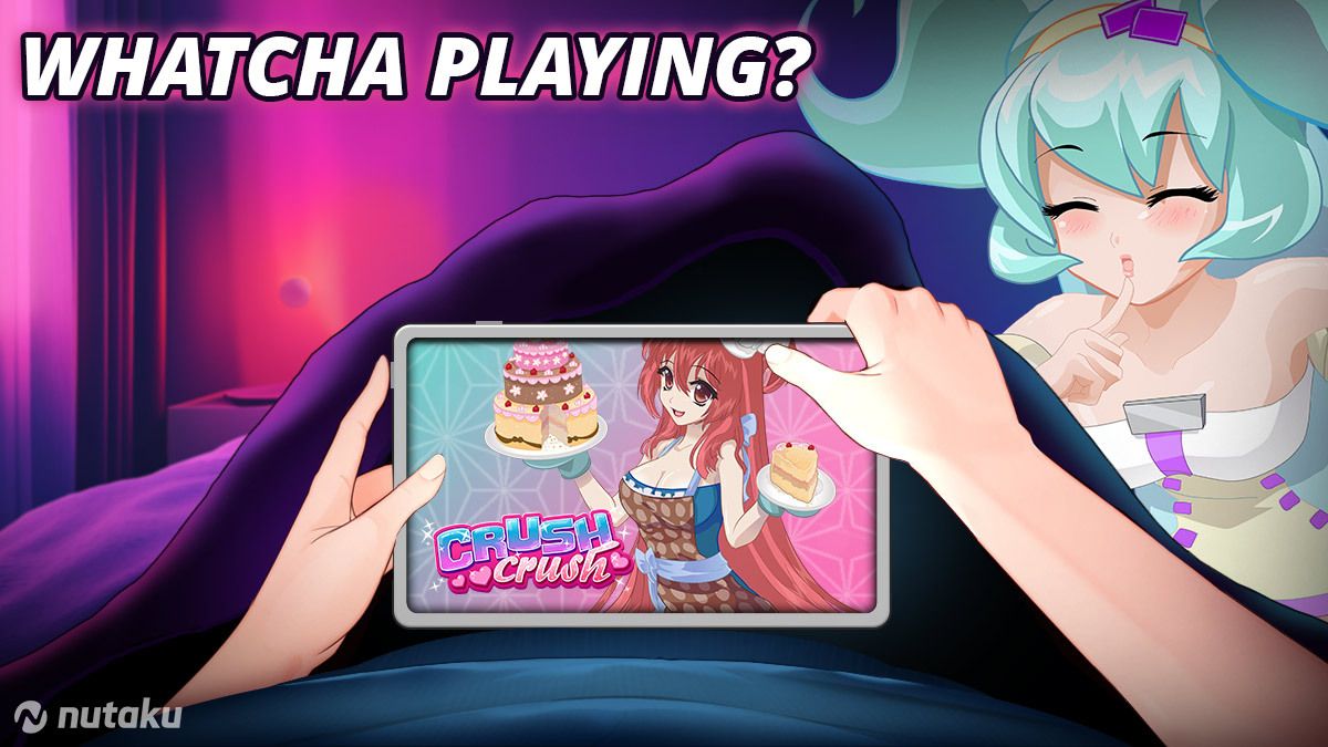 A person holding a phone or tablet looking at a game of a woman holding a cake.