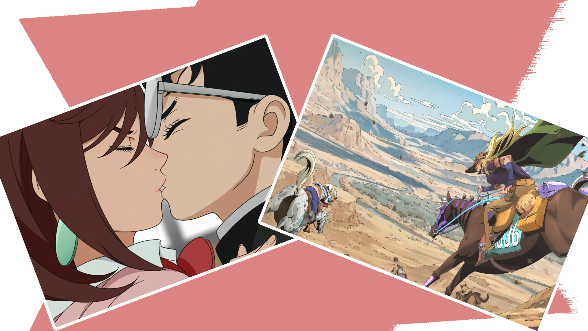 Collage featuring polarioids of Dan Da Dan and JoJo's Bizarre Adventure: Steel Ball Run screencaped kiss and key art poster.