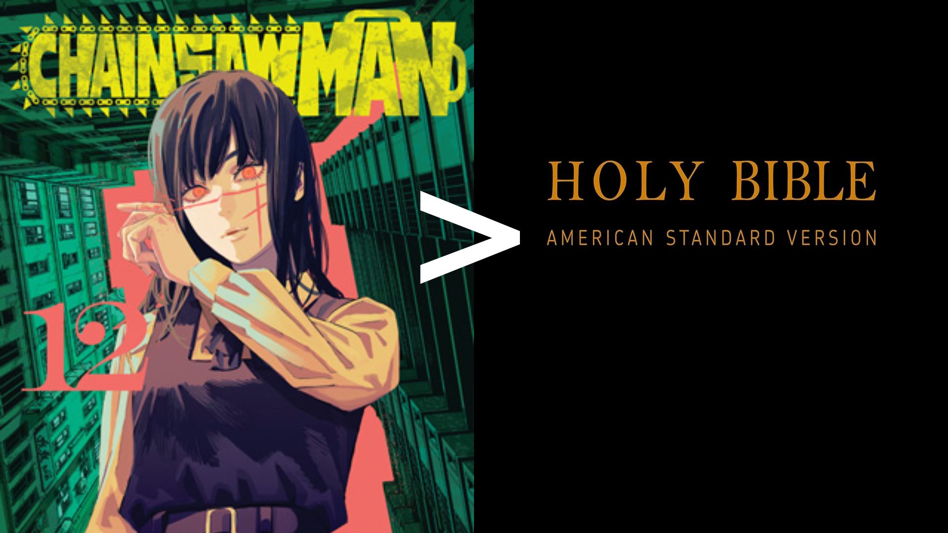 Collage with Chainsaw Man and The Holy Bible side by side.