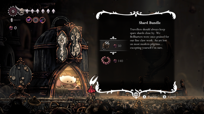 A silksong vendor. You can see a description for a shard bundle, which costs 50 rosaries.