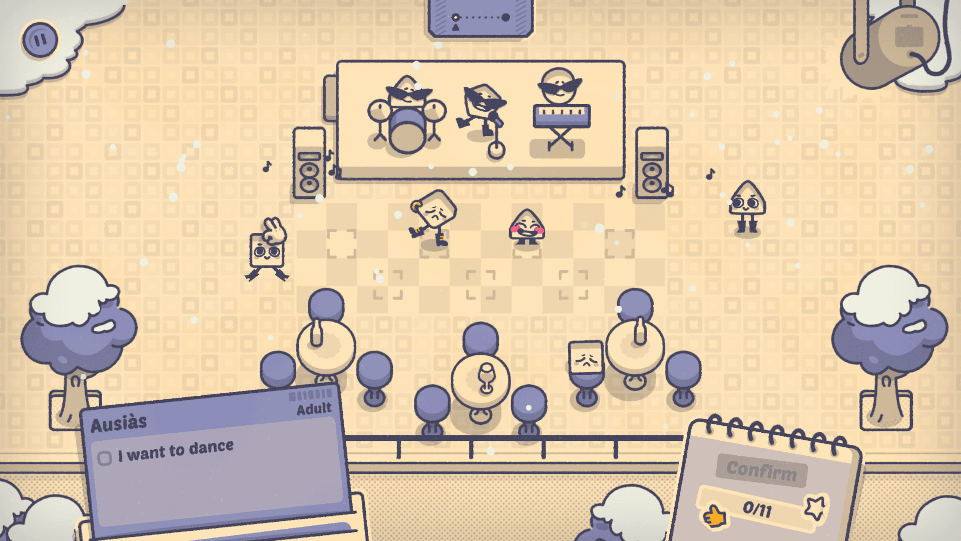 Characters of various shapes--diamond, triangle, square--dancing on a dance floor before a live band in the video game Is This Seat Taken