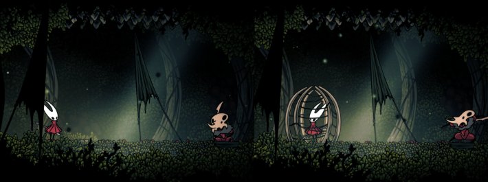 A screenshot comparison showing the runback to the Savage Beastfly. The ant warrior is asleep on the left screenshot. On the right, the trap is activated with hornet inside, and the warrior is awake,