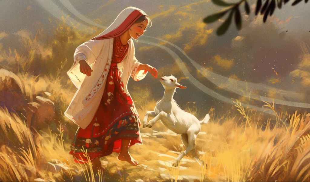 Art for Dreams on a Pillow, showing a girl in a golden field with a lamb