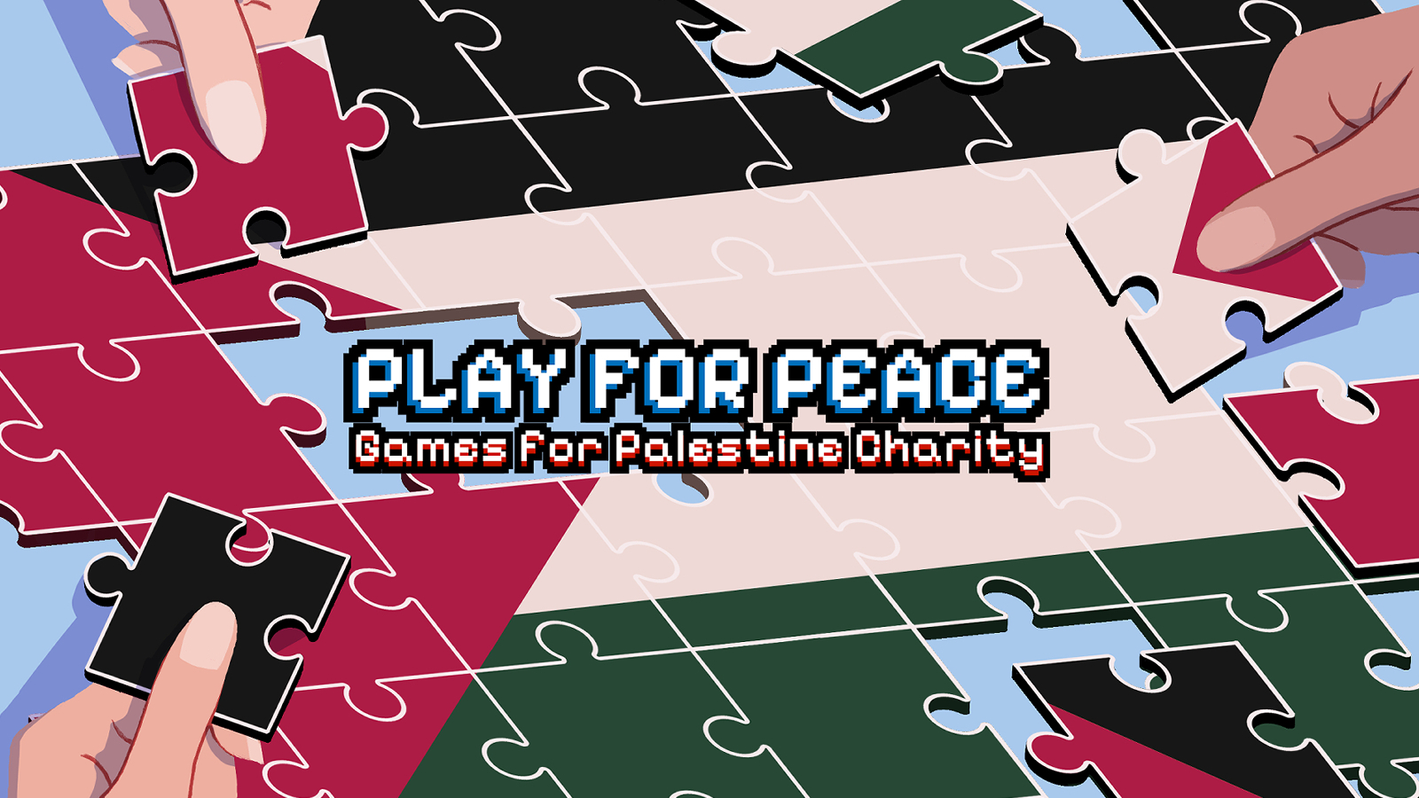 Hands putting together puzzle pieces that represent the Palestinian flag. The words "Play for Peace" are in the middle
