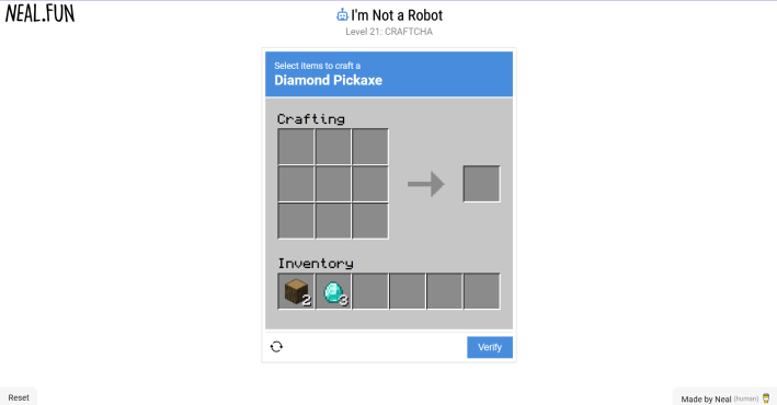 I Am Not A Robot Minecraft diamond pickaxe puzzle.