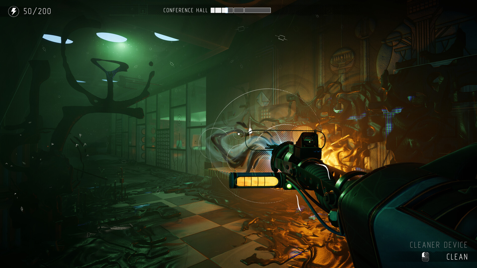 A character shooting a sci-fi gun in a dark hallway in the video game The Lift