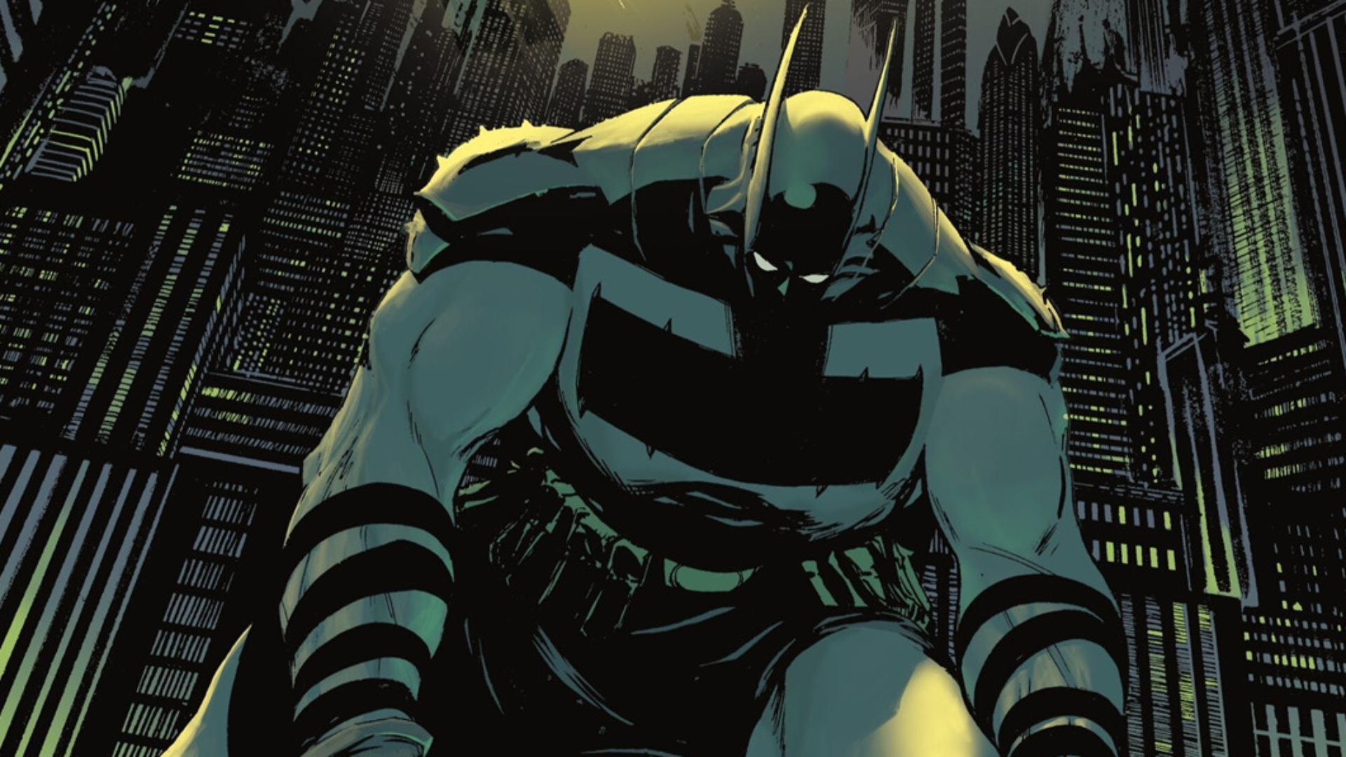 Batman standing in front of Gotham's skyline.