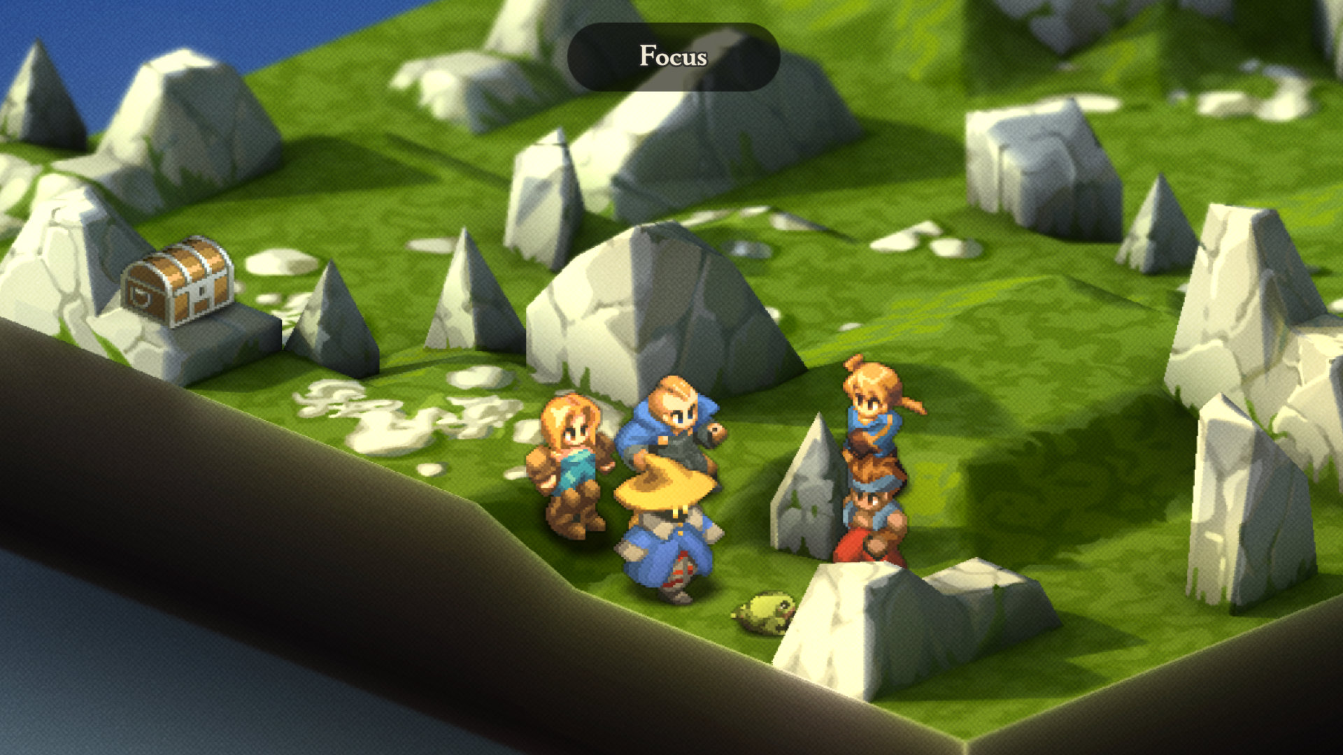 A screenshot of Final Fantasy Tactics. A bunch of characters in Mandalia Plains surround a frog and an Arithmetician is using the skill focus.