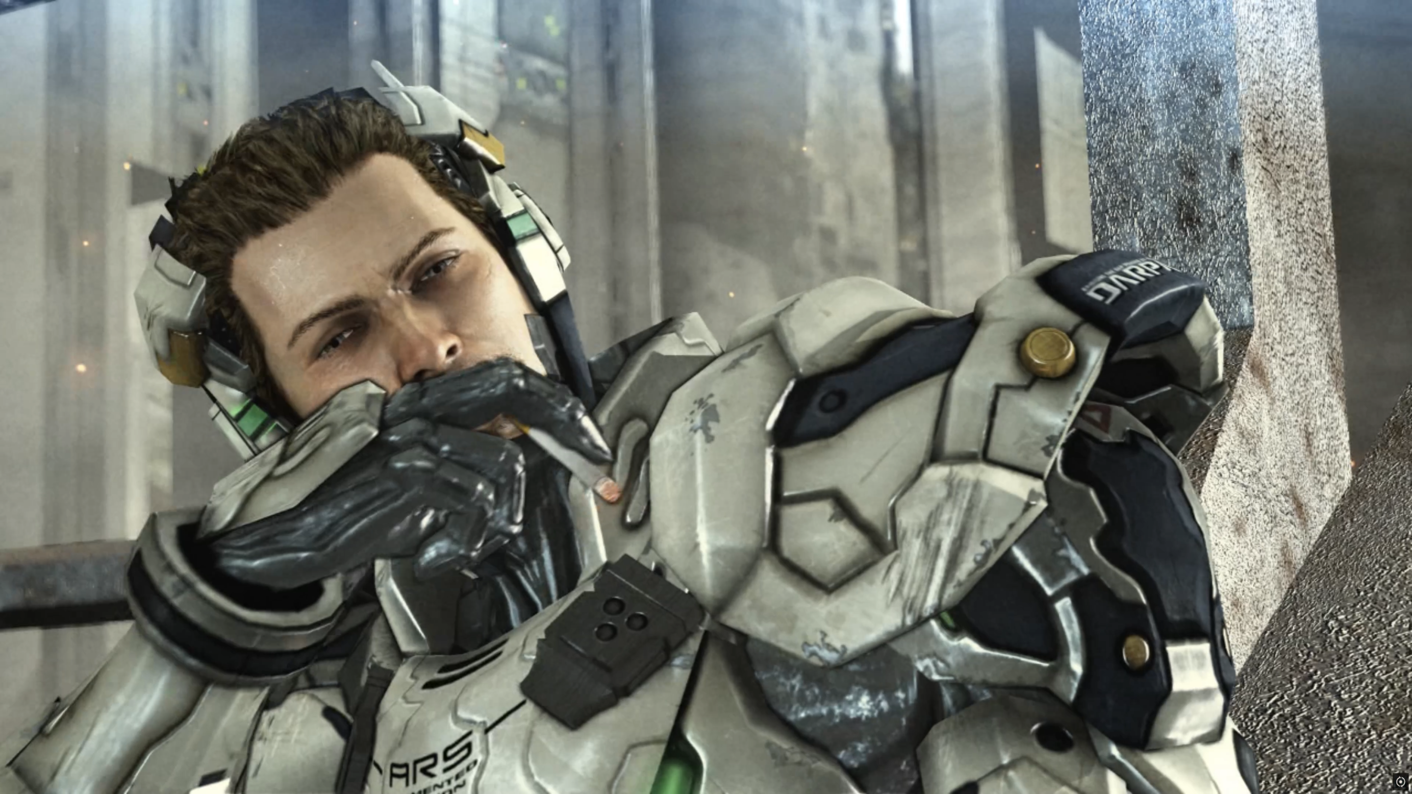 Sam Gideon blasting a cig, he's in a Darpa robot suit.