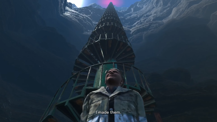 Jim saying "I made them" with the giant green stairs behind him.