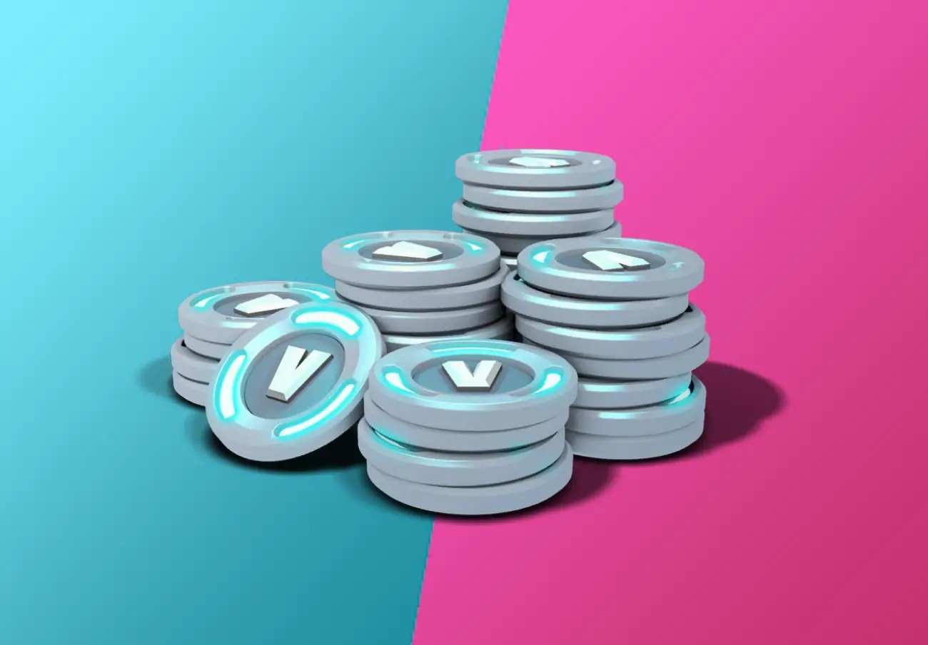 Fortnite Vbucks, imagined as coins, on a blue and pink background