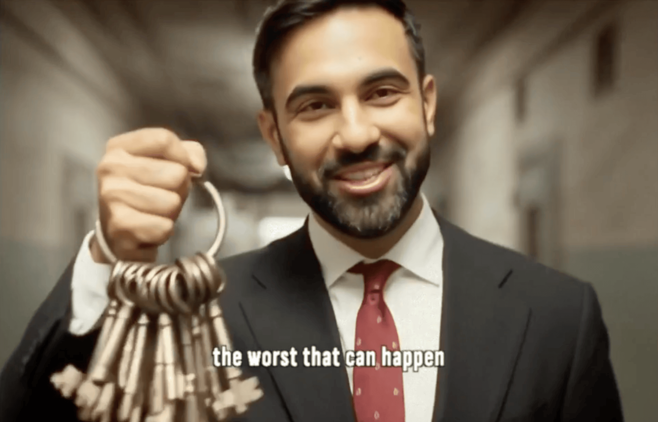 An AI generated image of Zohran Mamdani holding a large ring of keys