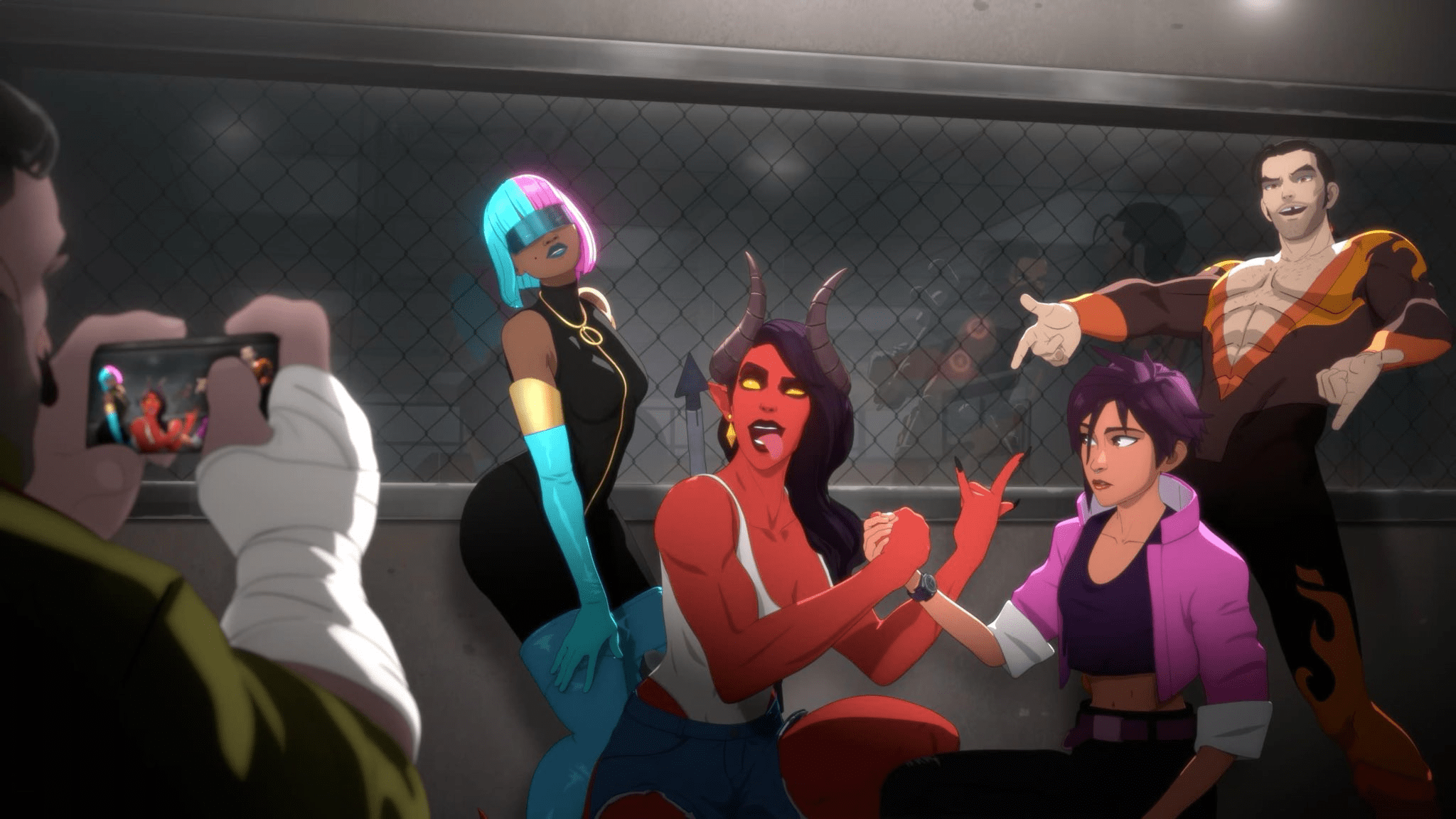 Dispatch screenshot of Invisigal posing for a photo with Flambae, Coupe, Prism, and Malevola after a sucessful mission.