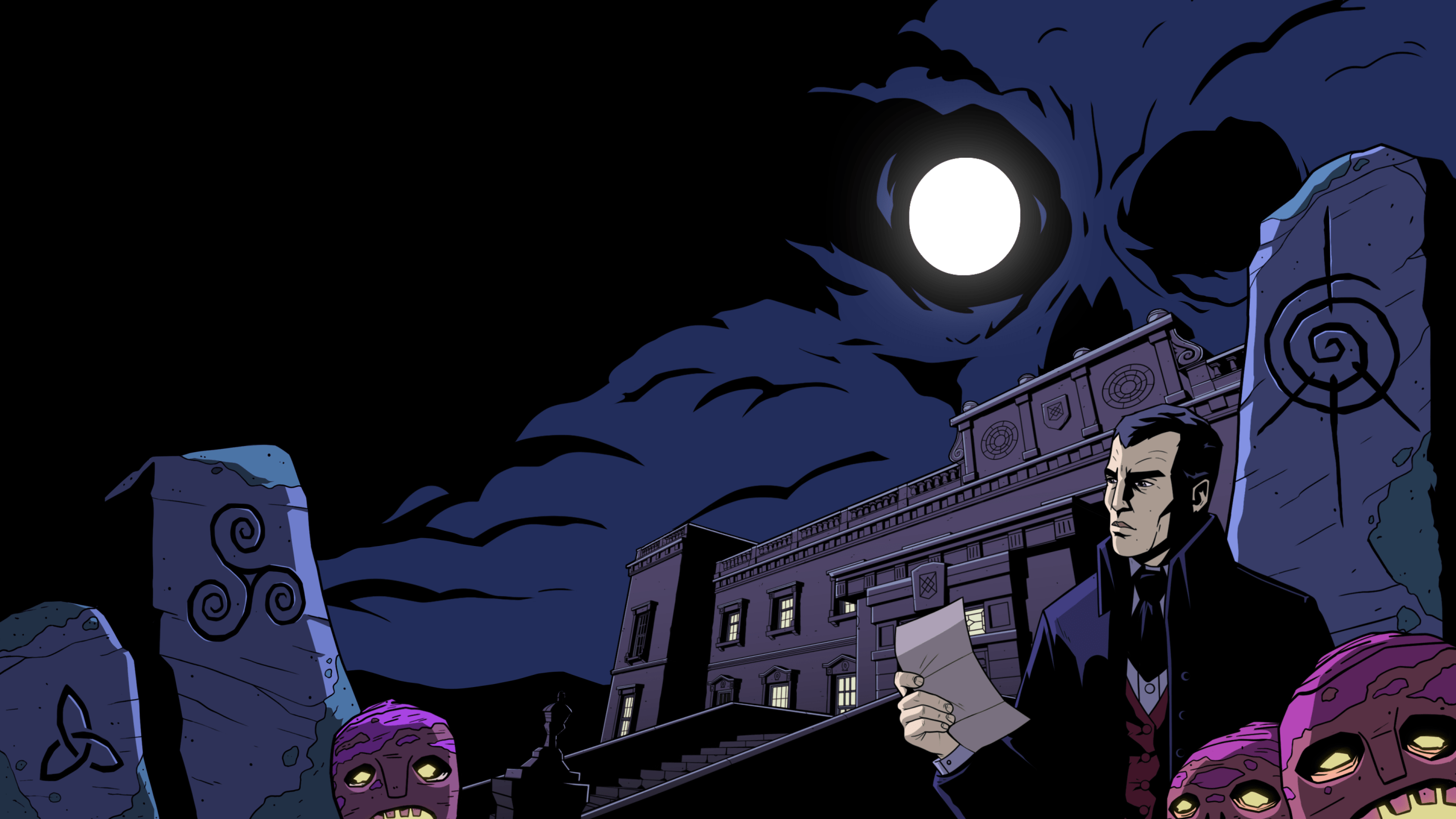 The main character of "The Seance of Blake Manor" standing before the manor with a full moon in the sky